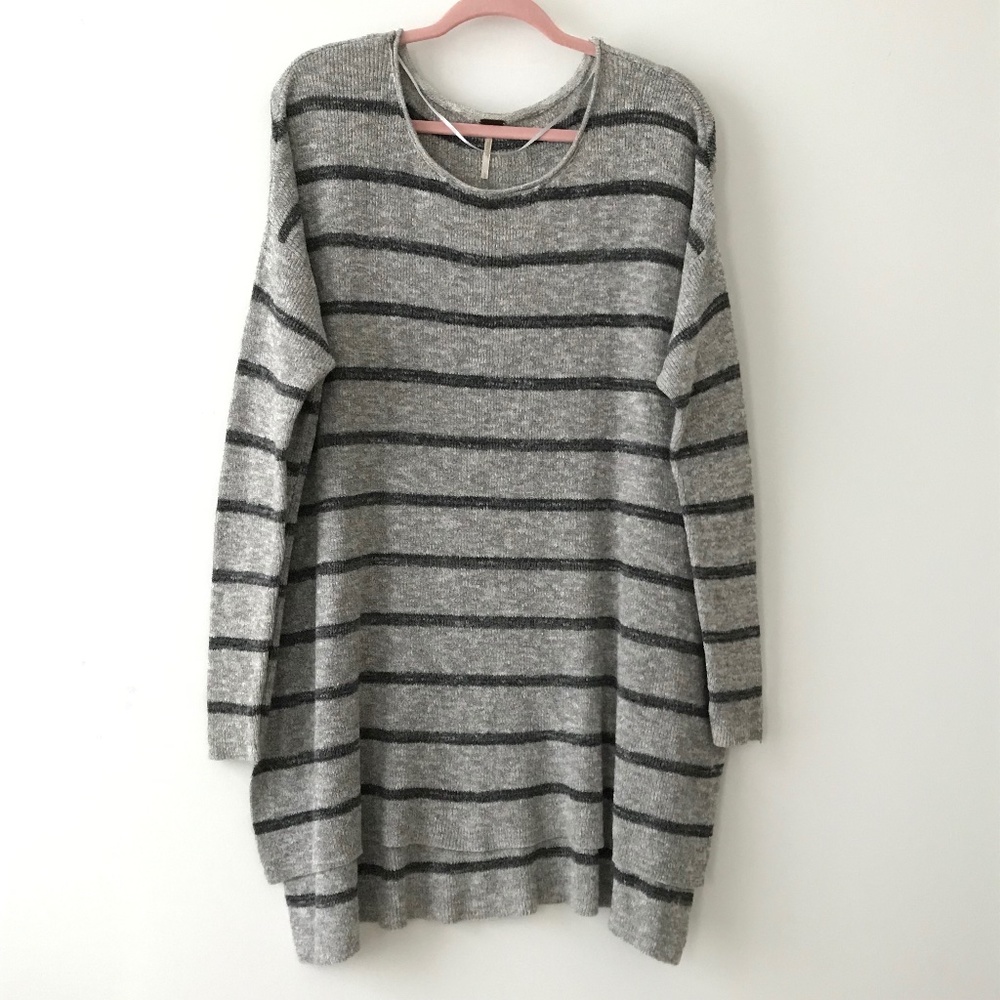 Free People Shipping News Gray Striped Oversized Tunic Sweater